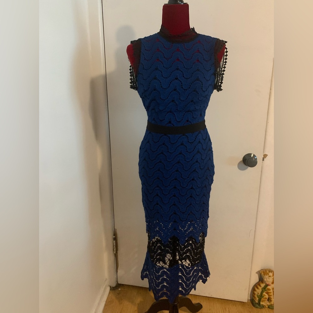 Blue and black scallop high neck open back dress with scallops and lace